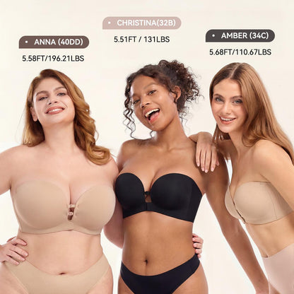 Womens Strapless Front Closure Bra Push Up Lift Bra Padded Add Cup