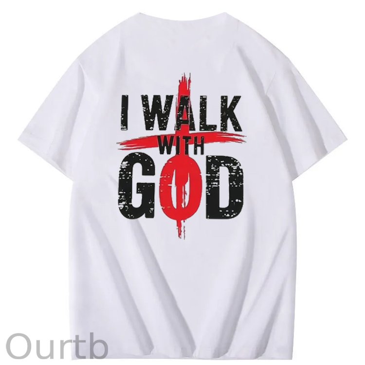 I Walk With God Pattern Printing Print Crew Neck T-Shirt
