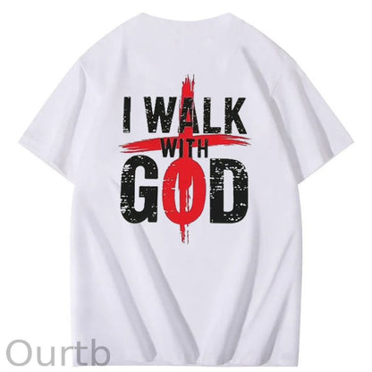 I Walk With God Pattern Printing Print Crew Neck T-Shirt