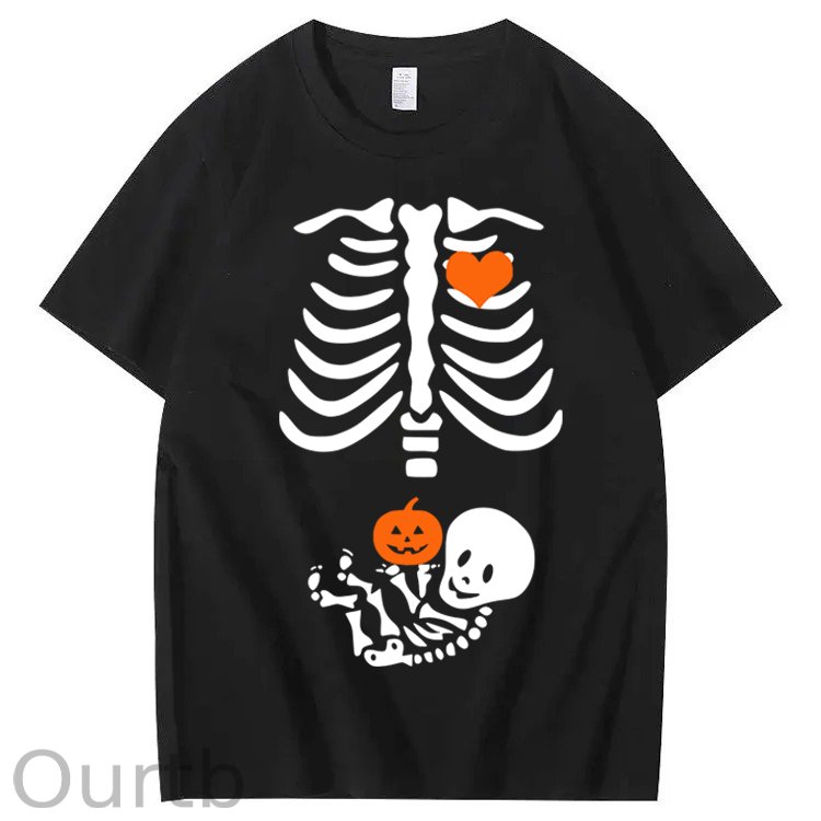 Skeleton Halloween Maternity Pregnancy Announcement Fall Mom 100% Cotton T-Shirt