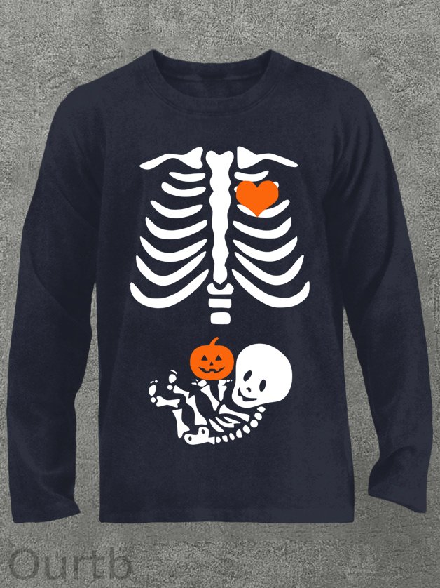 Skeleton Halloween Maternity Pregnancy Announcement Fall Mom Cotton Long Sleeve T-Shirt