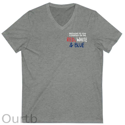 Red White &Blue Pattern Print 100%Cotton V Neck T-Shirt