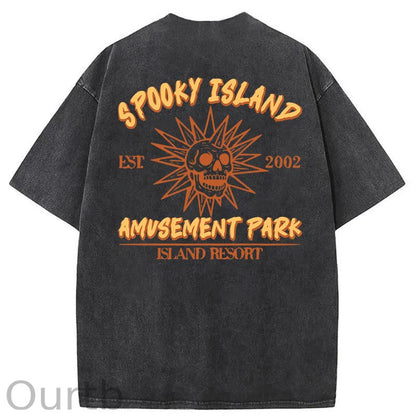 Spooky Island Cartoon Halloween Washed Cotton T-Shirt