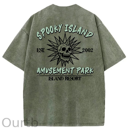Spooky Island Cartoon Halloween Washed Cotton T-Shirt