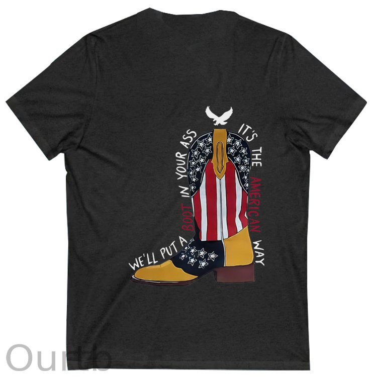 Red White &Blue Pattern Print 100%Cotton V Neck T-Shirt