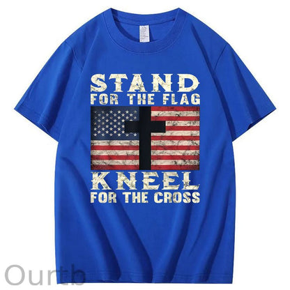 Stand For The Flag Kneel For The Cross Pattern Print 100%Cotton T-Shirt