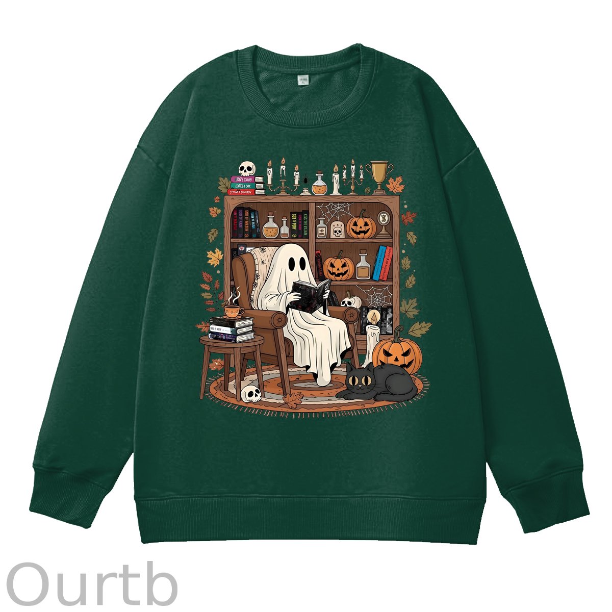 Retro Cozy Ghost Reading Halloween 100% Cotton Fall and Winter Sweatshirt