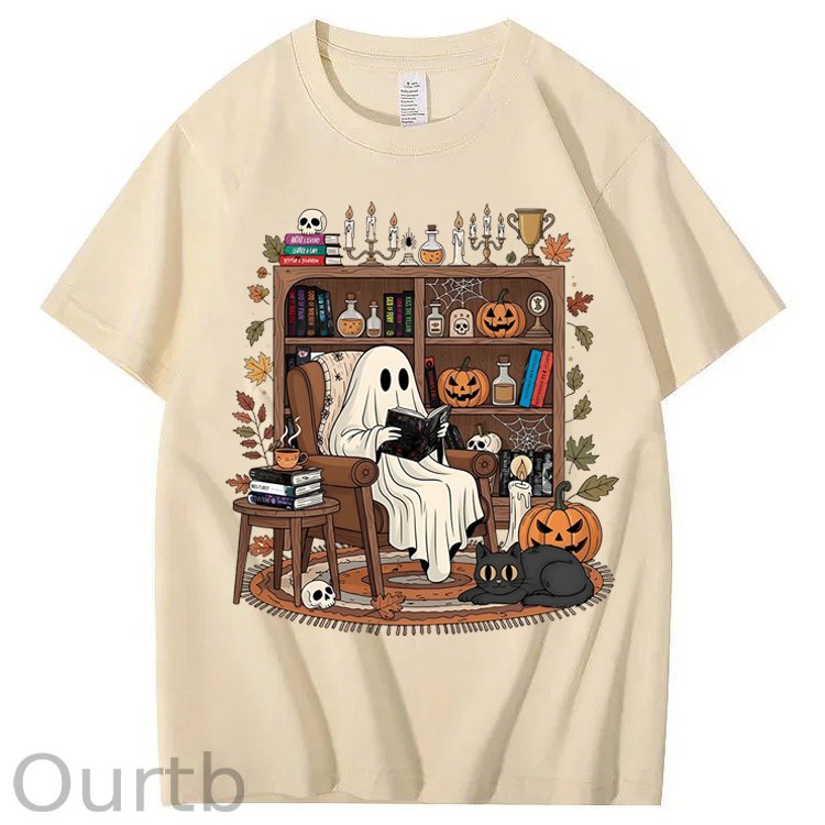 Retro Cozy Ghost Reading Halloween 100% Cotton T-Shirt