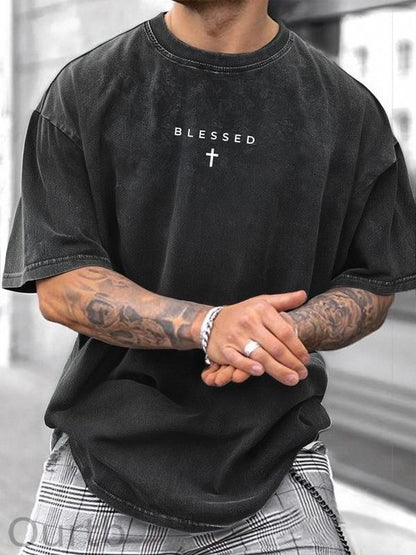 Men's Cross & Letter Print Round Neck Tee, Casual Street Short Sleeve T-shirt for Summer, Men's Top for Daily Wear