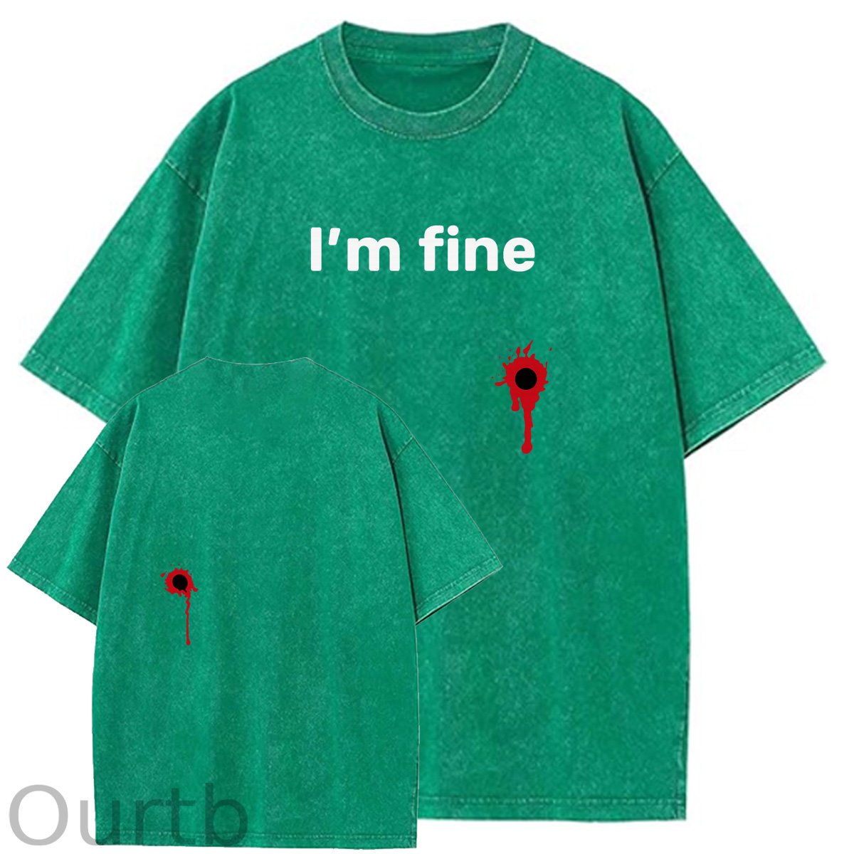 I'm Fine Pattern Washing And Aging Process Crew Neck T-Shirt