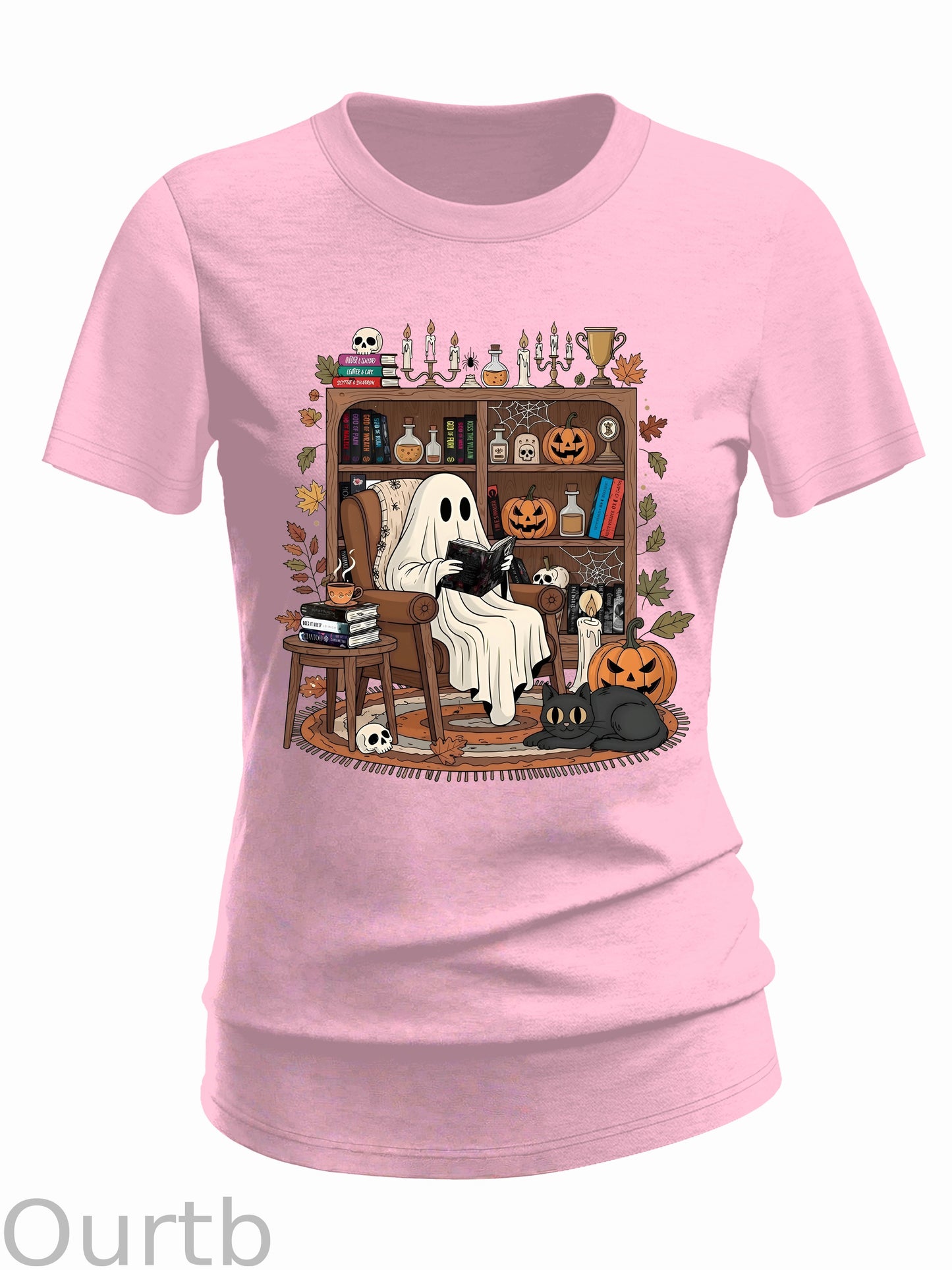 Women's Retro Cozy Ghost Reading Halloween 100% Cotton T-Shirt