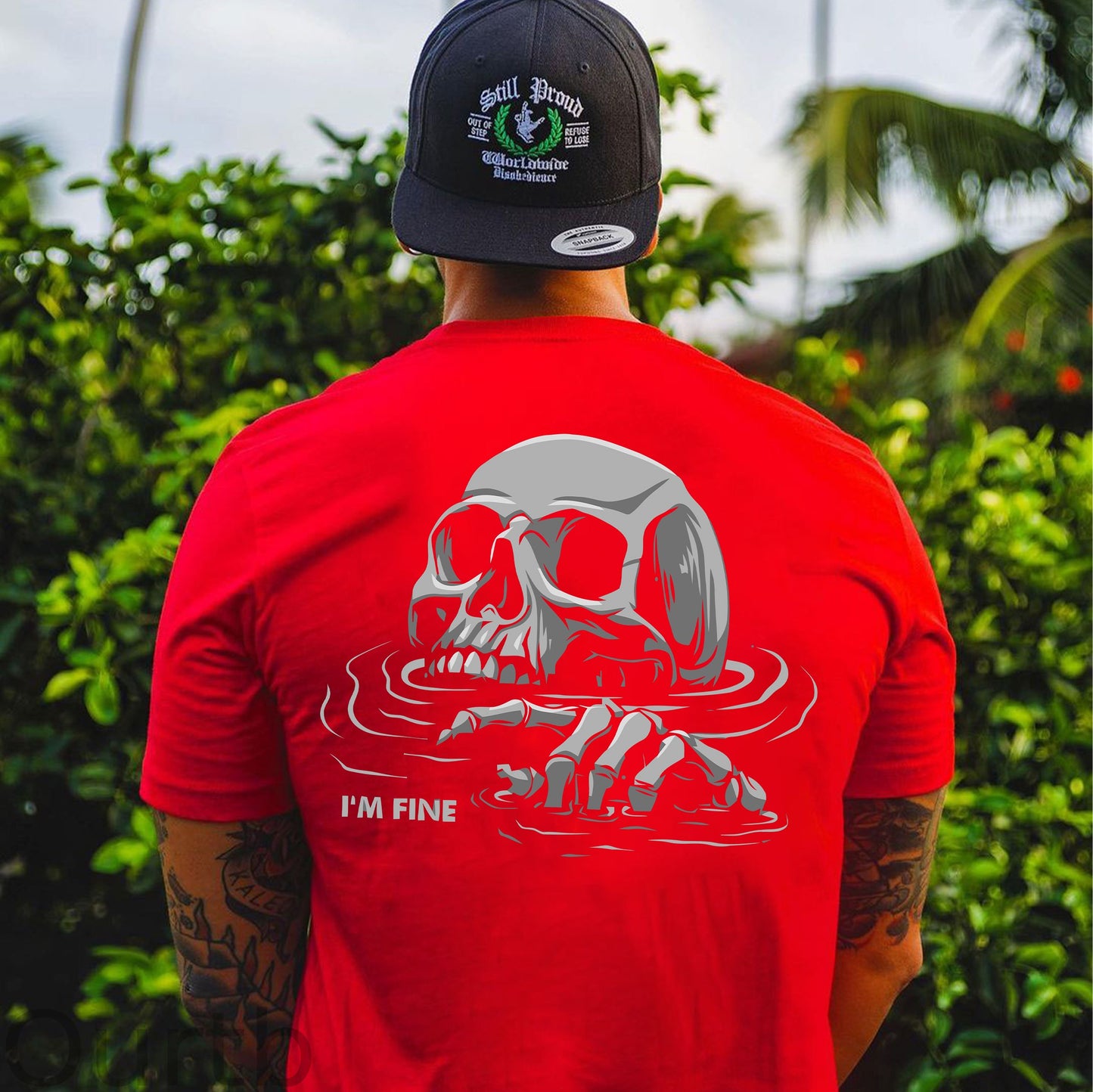 I'M FINE Drowning Skull Black Print T-Shirt
