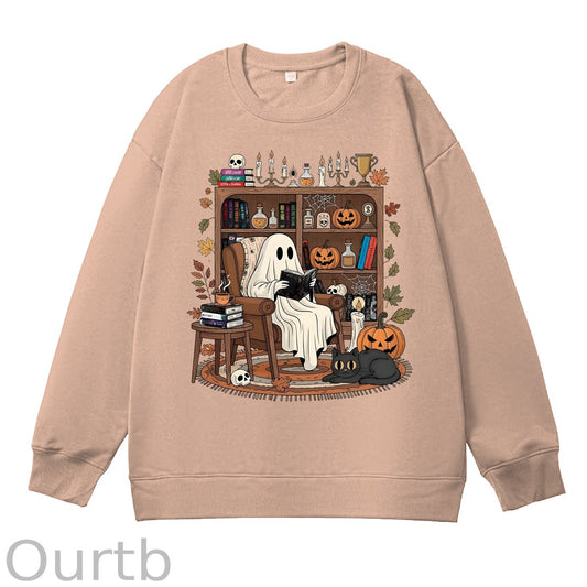 Retro Cozy Ghost Reading Halloween 100% Cotton Fall and Winter Sweatshirt