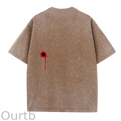 I'm Fine Pattern Washing And Aging Process Crew Neck T-Shirt