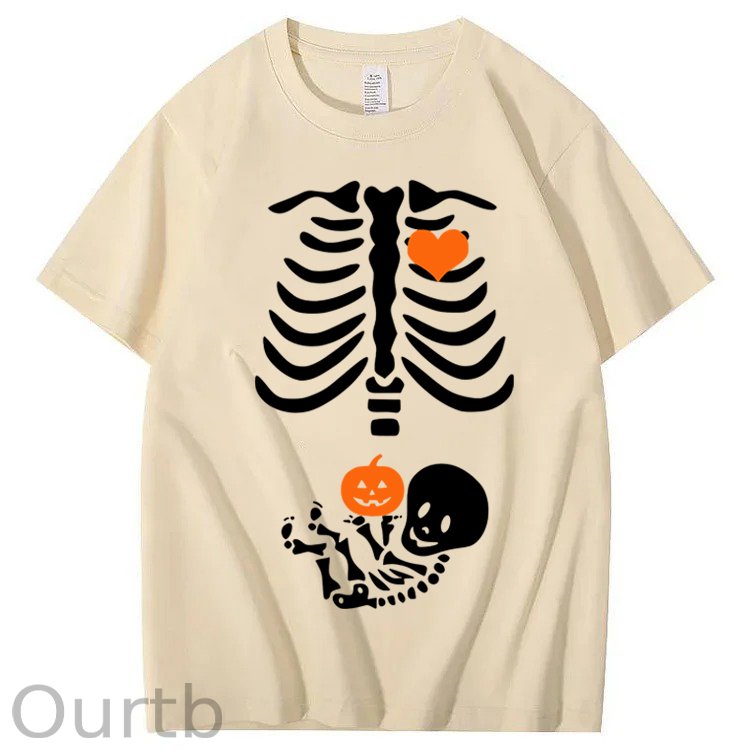 Skeleton Halloween Maternity Pregnancy Announcement Fall Mom 100% Cotton T-Shirt