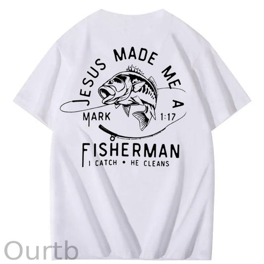 Jesus Made Me A Fisherman Pattern Print 100%Cotton T-Shirt