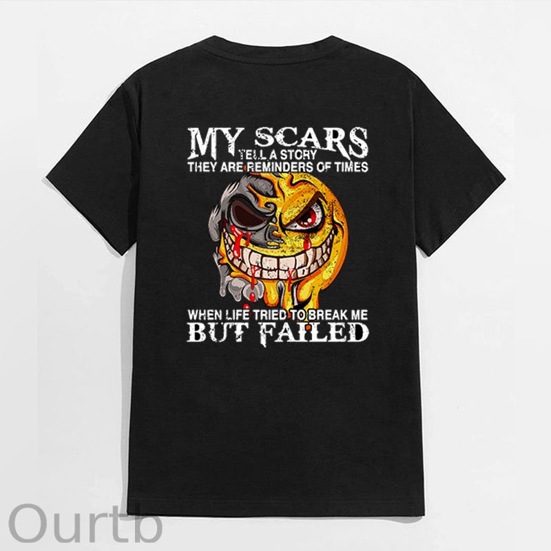 MY SCARS TELL A STORY Melting Skull Emoji Black Print T-shirt