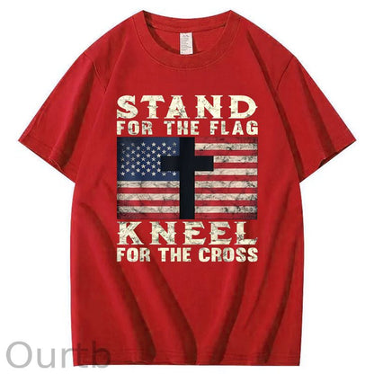 Stand For The Flag Kneel For The Cross Pattern Print 100%Cotton T-Shirt