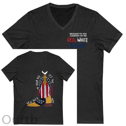 Red White &Blue Pattern Print 100%Cotton V Neck T-Shirt
