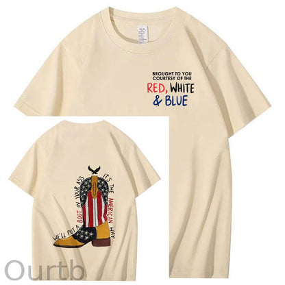 Red White And Blue  Pattern Print 100%Cotton T-Shirt
