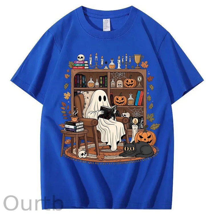 Retro Cozy Ghost Reading Halloween 100% Cotton T-Shirt