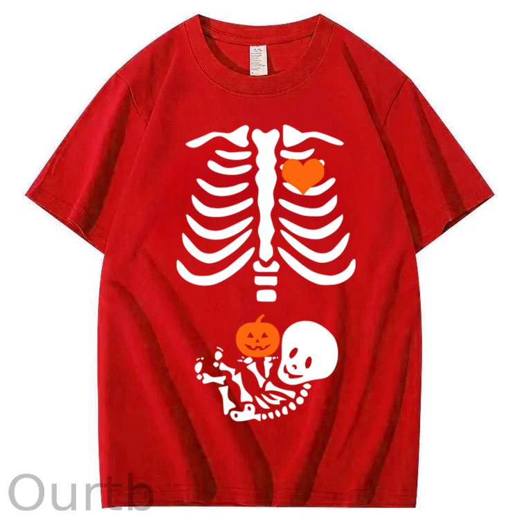 Skeleton Halloween Maternity Pregnancy Announcement Fall Mom 100% Cotton T-Shirt