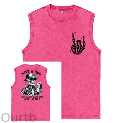 Just A Dad Who Always Came Back With The Milk Print Washed Cotton Sleeveless Tank Tops