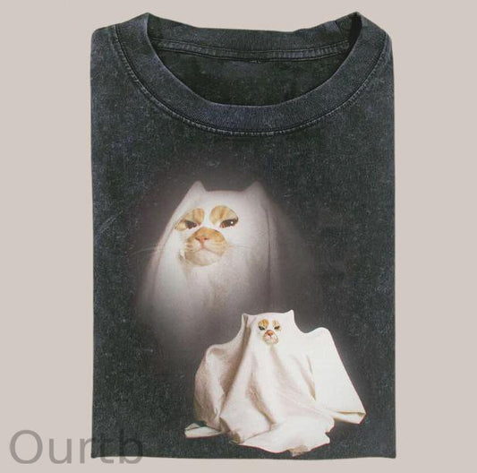 Retro Funny Vintage Ghost Kitten Cat Meme 100% Cotton T-Shirt