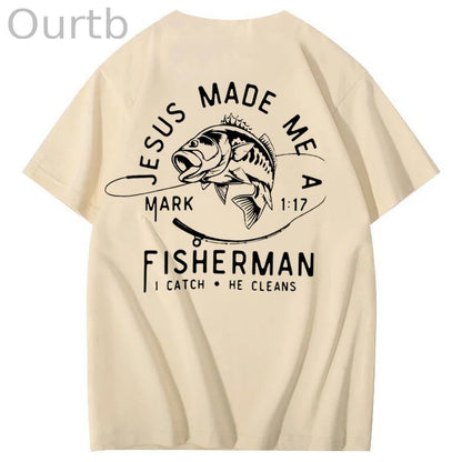 Jesus Made Me A Fisherman Pattern Print 100%Cotton T-Shirt