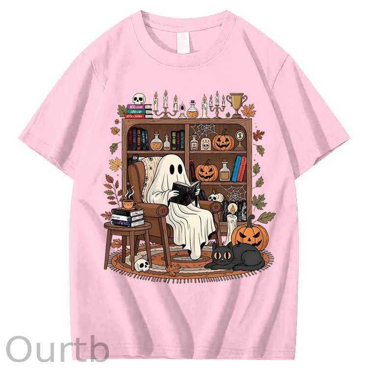 Retro Cozy Ghost Reading Halloween 100% Cotton T-Shirt
