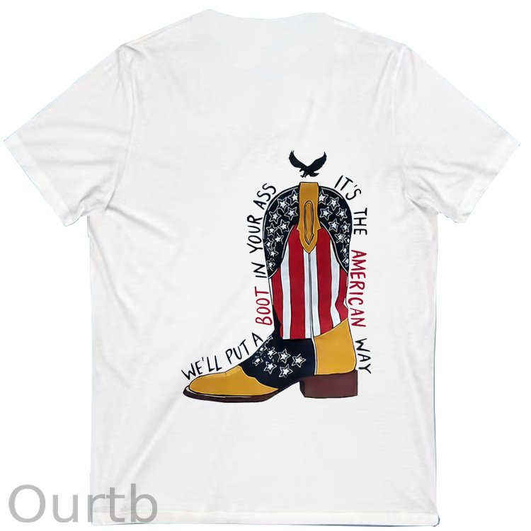 Red White &Blue Pattern Print 100%Cotton V Neck T-Shirt