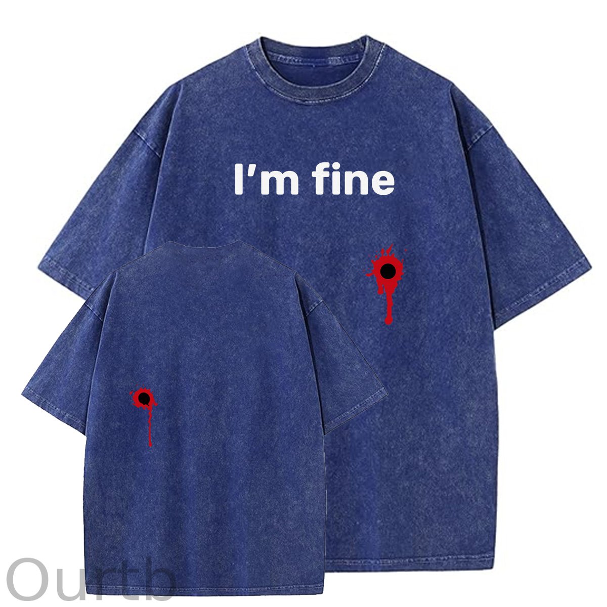 I'm Fine Pattern Washing And Aging Process Crew Neck T-Shirt