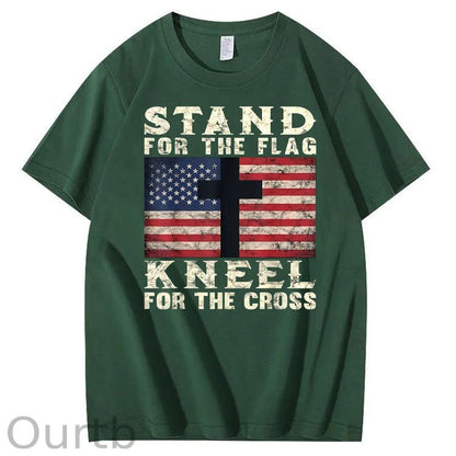 Stand For The Flag Kneel For The Cross Pattern Print 100%Cotton T-Shirt
