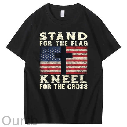 Stand For The Flag Kneel For The Cross Pattern Print 100%Cotton T-Shirt