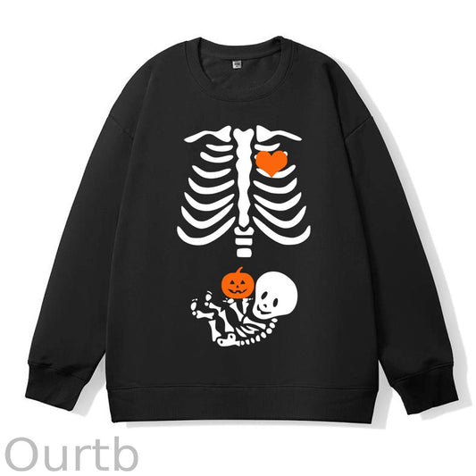 Skeleton Halloween Maternity Pregnancy Announcement Fall Mom 100% Cotton Fall and Winter Sweatshirt
