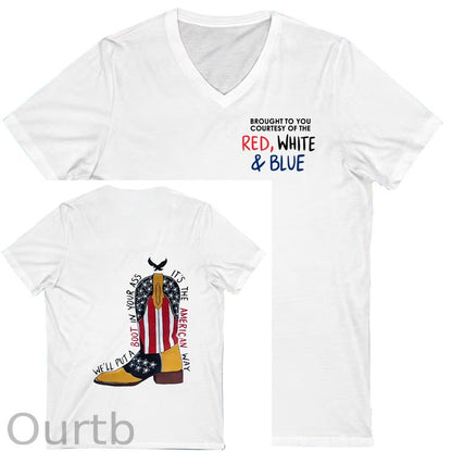 Red White &Blue Pattern Print 100%Cotton V Neck T-Shirt