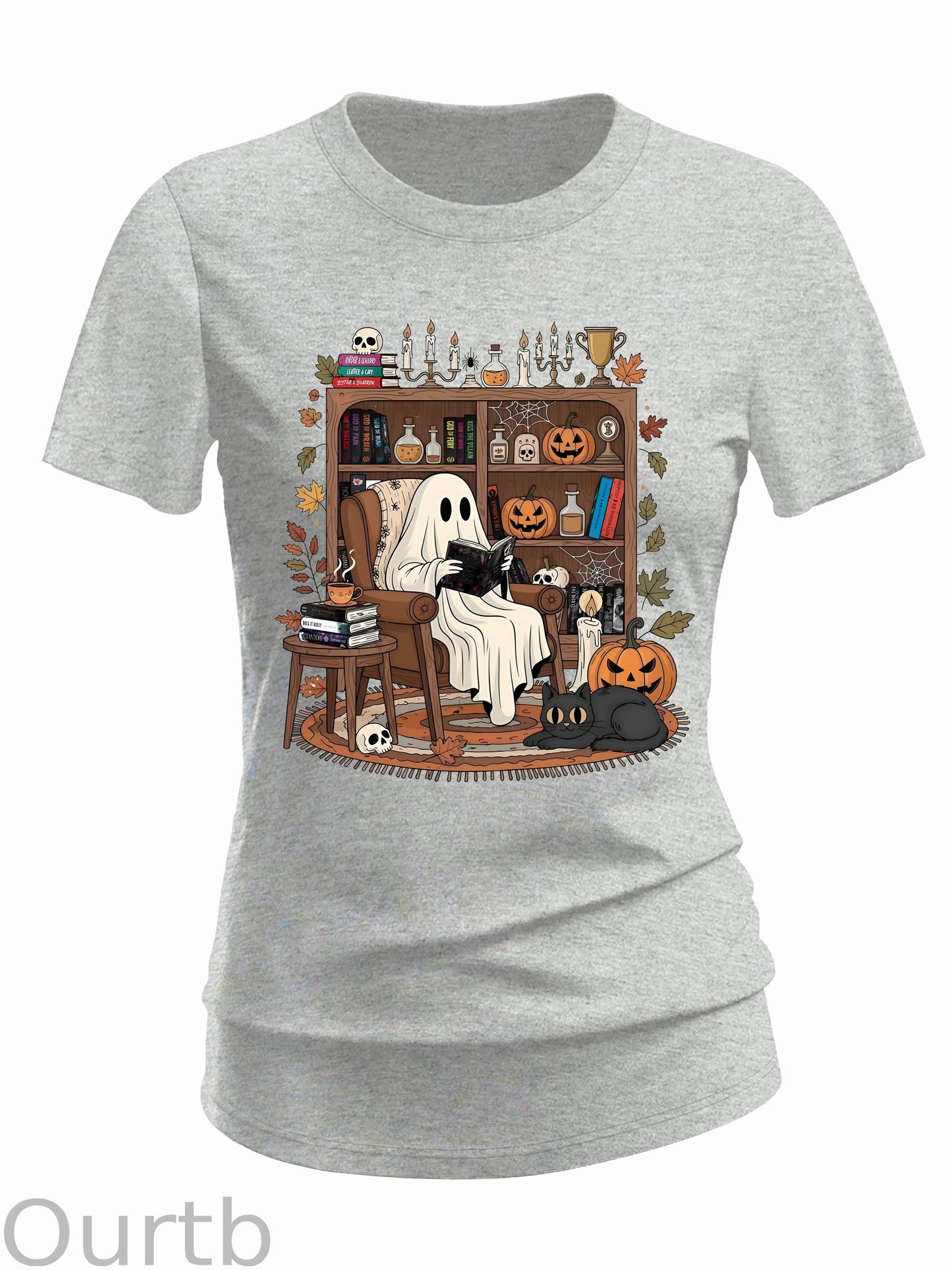 Women's Retro Cozy Ghost Reading Halloween 100% Cotton T-Shirt