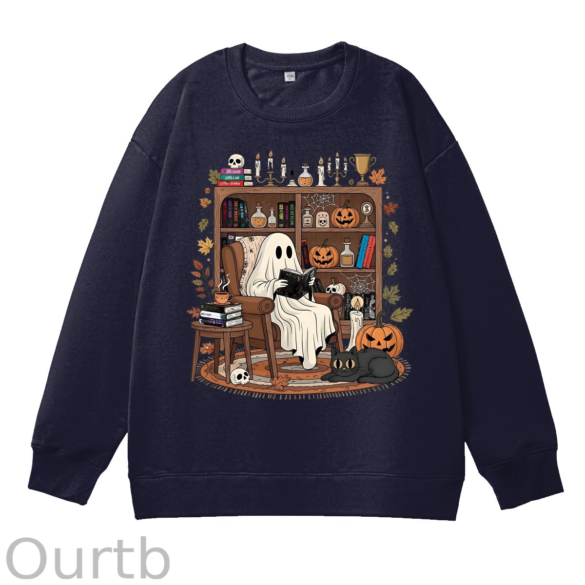 Retro Cozy Ghost Reading Halloween 100% Cotton Fall and Winter Sweatshirt