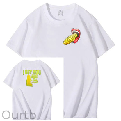 I Bet You  Eat Corn The Long Way  Pattern Print Crew Neck T-Shirt