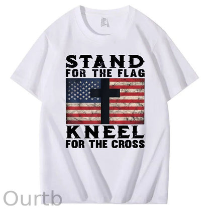 Stand For The Flag Kneel For The Cross Pattern Print 100%Cotton T-Shirt