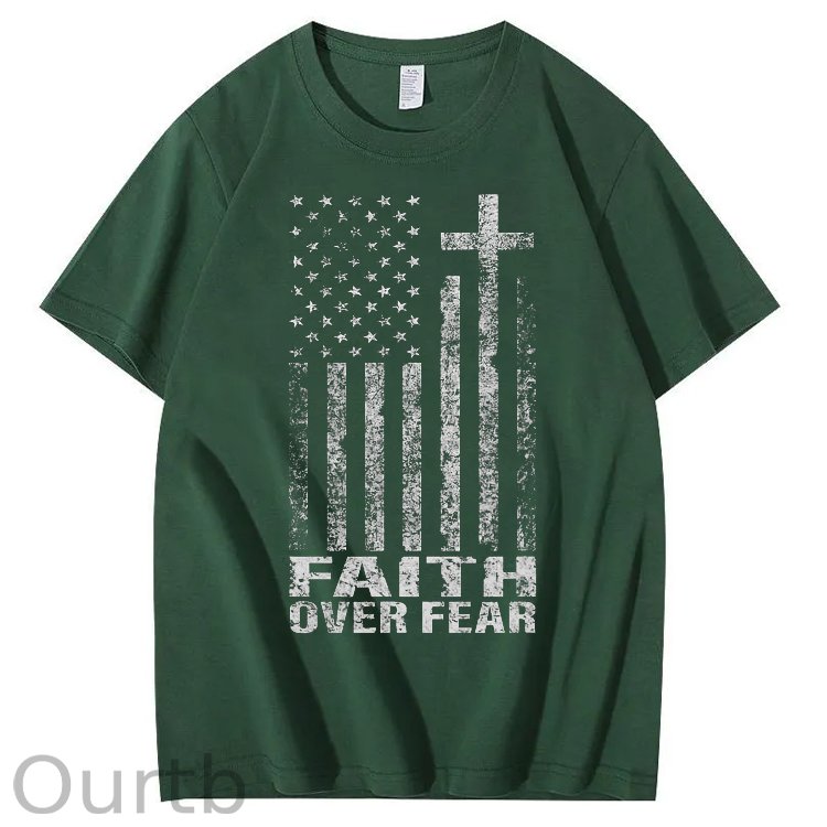 Faith Over Fear Amercian Flag Pattern Printing Print Crew Neck T-Shirt