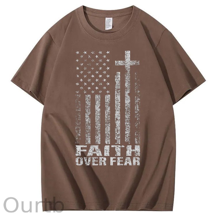 Faith Over Fear Amercian Flag Pattern Printing Print Crew Neck T-Shirt