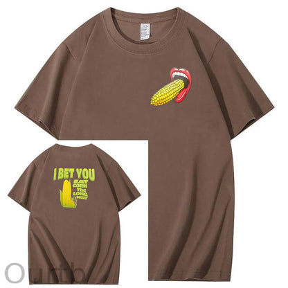 I Bet You  Eat Corn The Long Way  Pattern Print Crew Neck T-Shirt