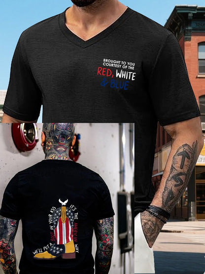 Red White &Blue Pattern Print 100%Cotton V Neck T-Shirt