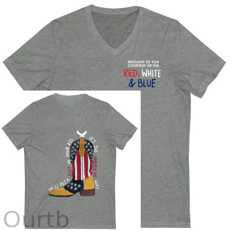 Red White &Blue Pattern Print 100%Cotton V Neck T-Shirt