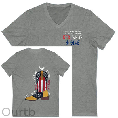 Red White &Blue Pattern Print 100%Cotton V Neck T-Shirt