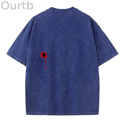 I'm Fine Pattern Washing And Aging Process Crew Neck T-Shirt