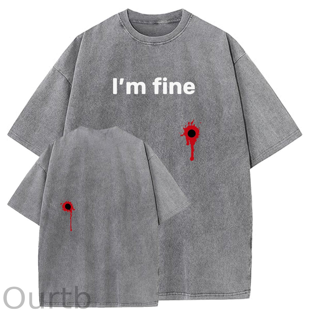 I'm Fine Pattern Washing And Aging Process Crew Neck T-Shirt