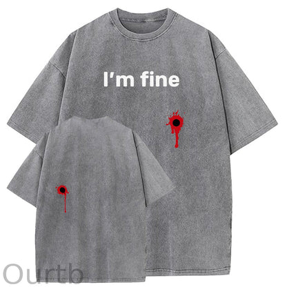 I'm Fine Pattern Washing And Aging Process Crew Neck T-Shirt