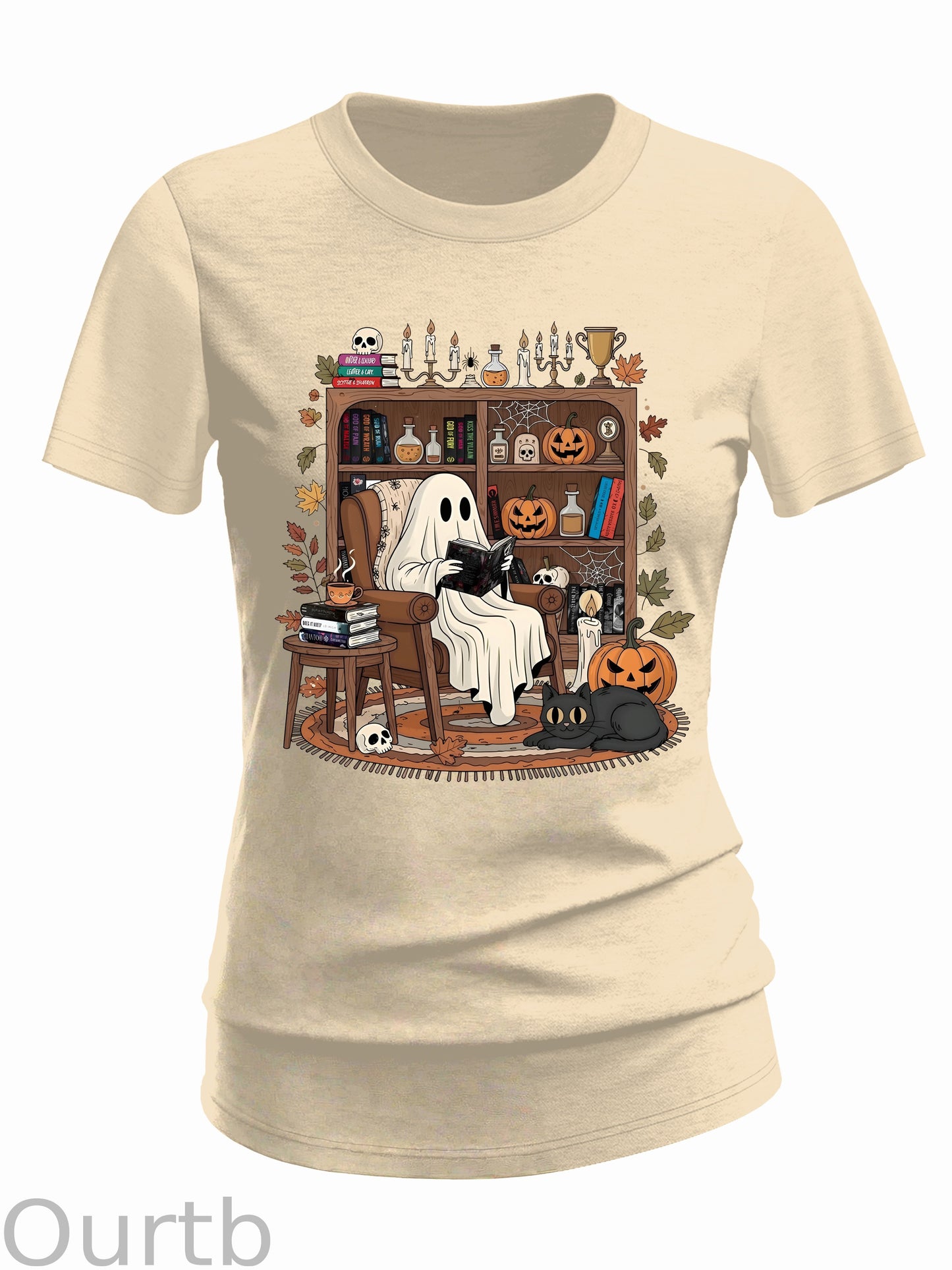 Women's Retro Cozy Ghost Reading Halloween 100% Cotton T-Shirt